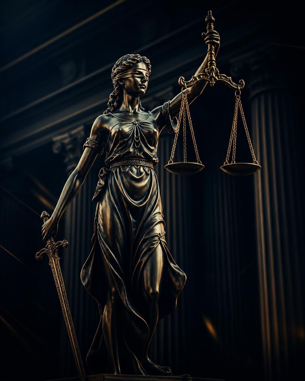 Estátua da Justiça com balança em ambiente de arquitetura clássica