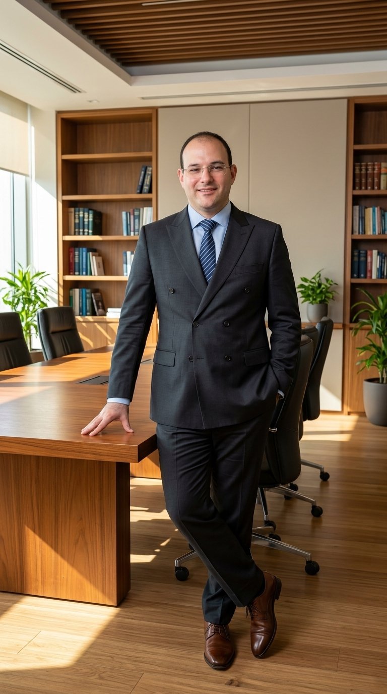 Dr. Tomaz Aribi no escritório, ao lado da mesa de reuniões